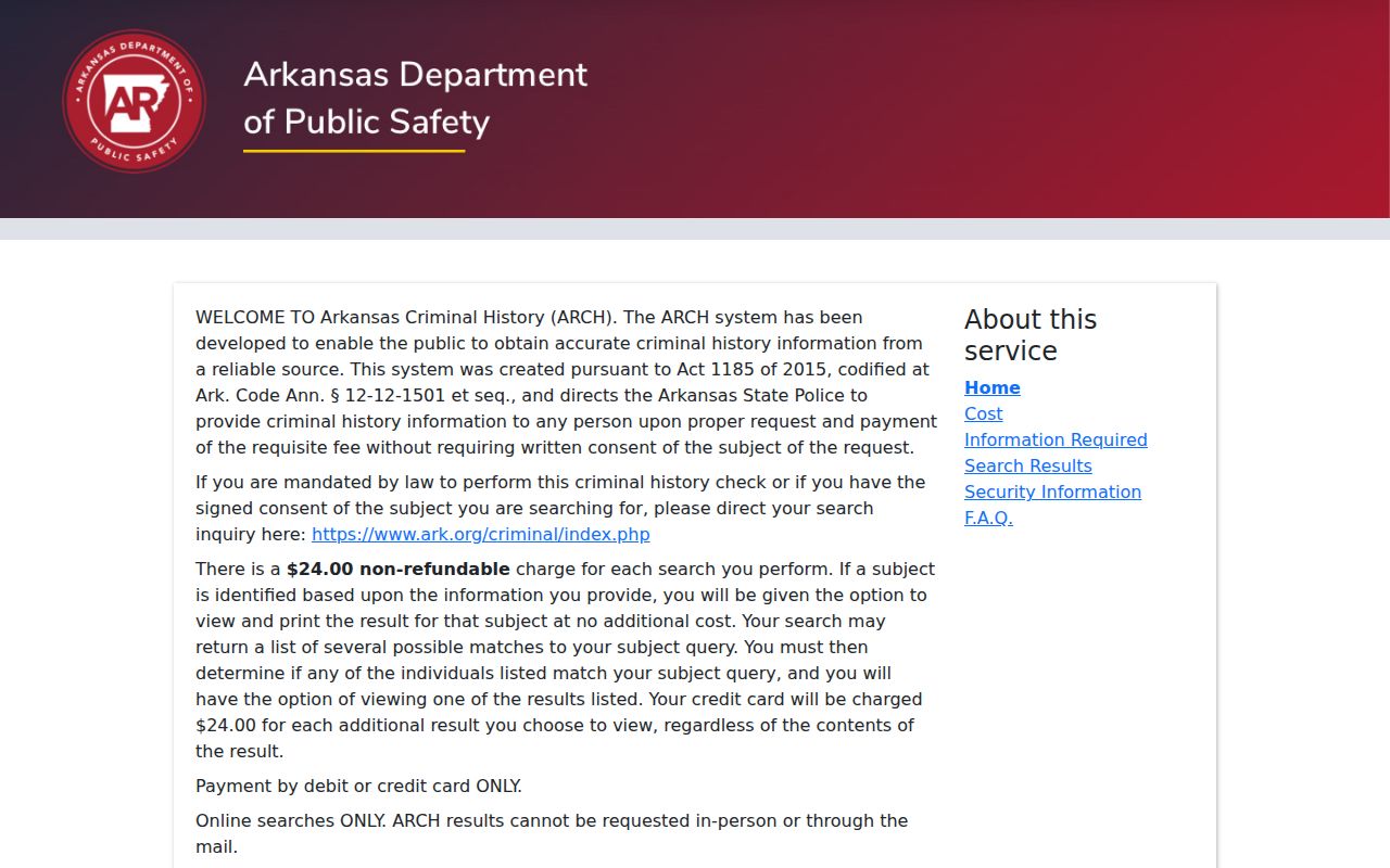 Searcy County criminal history ARCH public search portal
