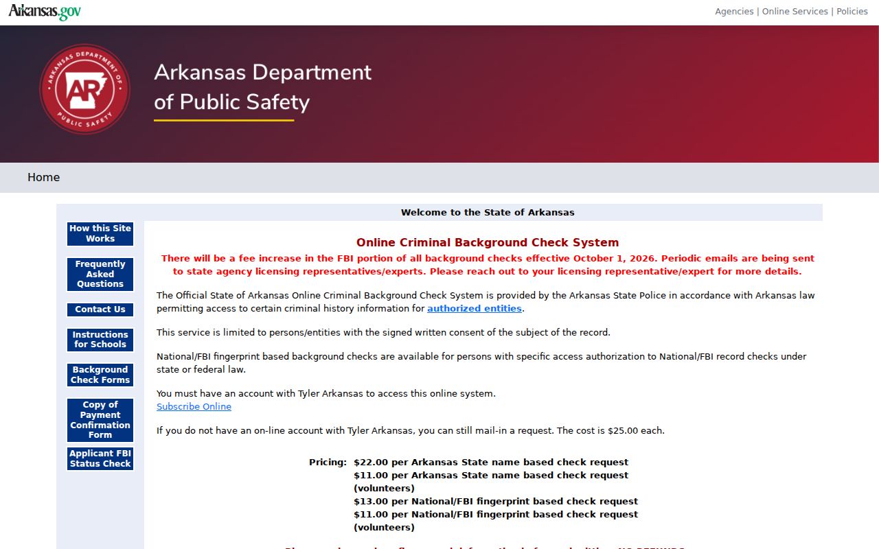 Searcy County criminal history Arkansas CBC official system
